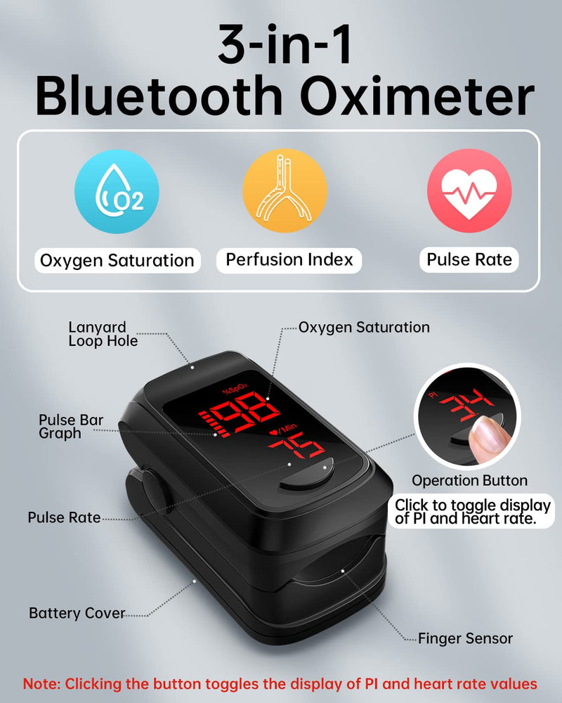 [Australia] - Fingertip Pulse Oximeter- HOLFENRY Pulse Oximeter Bluetooth Oximeter Oxygen Saturation Monitor for SpO2/Heart Rate/PI, with Auto Graph Display/Alarm/Dedicated App, Compatible with iOS&Android Black 