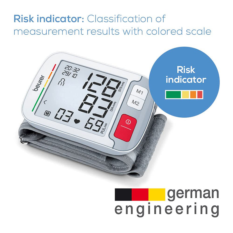 [Australia] - Beurer BC51 Wrist Blood Pressure Monitor With Positioning Indicator, Colour-Coded Risk Indicator, Arrhythmia Detection And XL Digital Display, Medically Certified 