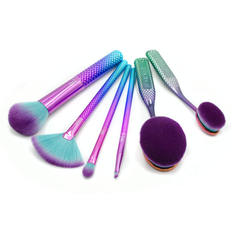 [Australia] - MODA Full Size Prismatic Deluxe Gift 6pc Makeup Brush Set, Includes - Foundation, Contour, Multi-Purpose Powder, Fan, Eye Shader, and Angle Eyeliner Brushes, Pink -Teal Ombre 