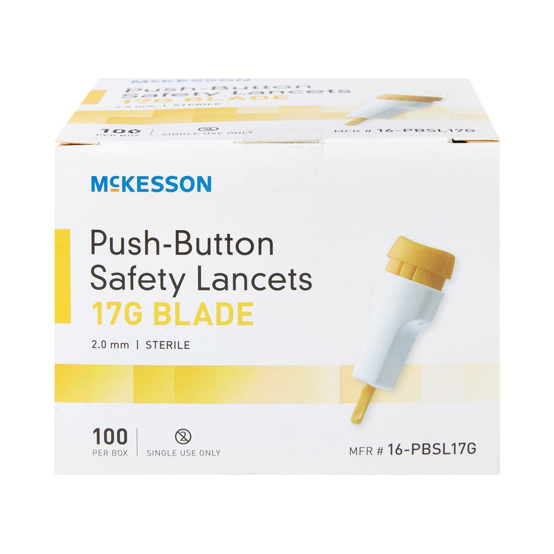 [Australia] - McKesson Safety Lancets, Sterile, Push-Button, 17 Gauge Blade, 2 mm, 100 Count, 1 Pack 100 Count (Pack of 1) 