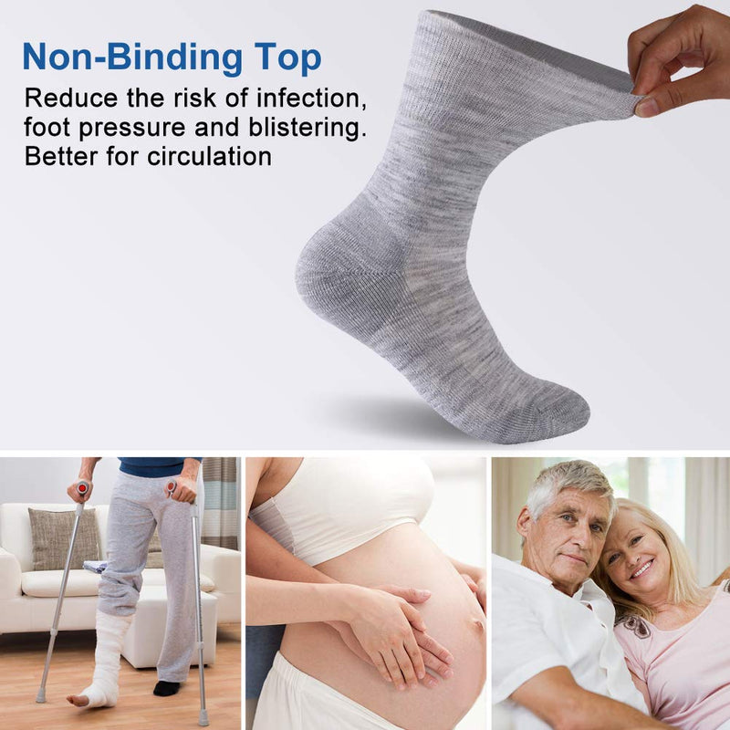 [Australia] - Facool Diabetic Socks for Men Women, Merino Wool Non-Binding Top Crew Socks with Cushion Sole, Seamless Toe 3 Pairs Light Grey X 3 Medium 