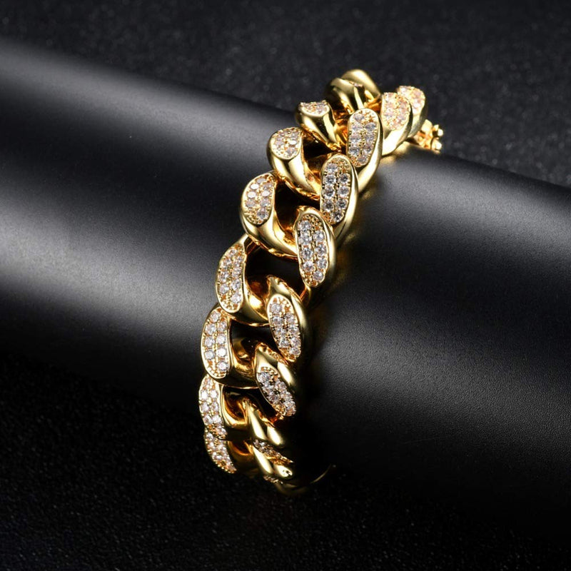 [Australia] - HUAMING Apzzic 12mm Gold Plated Hip Hop Iced Out CZ Lab Diamond Miami Cuban Link Chain Bracelet for Men and Women Gold-Bracelet 10.0 Inches 