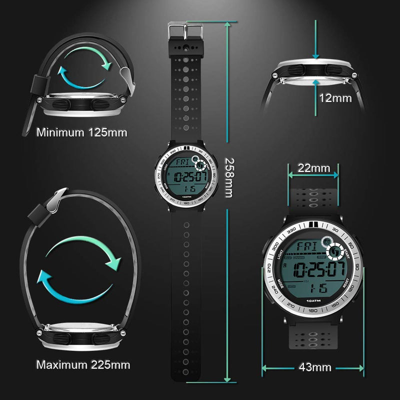 [Australia] - 10 ATM Waterproof Sports Watch Pedometer for Men Boys Scuba Diving Watch with Lap Stopwatch and Alarm Clock Function, 12/24 Hour Format Selectable 