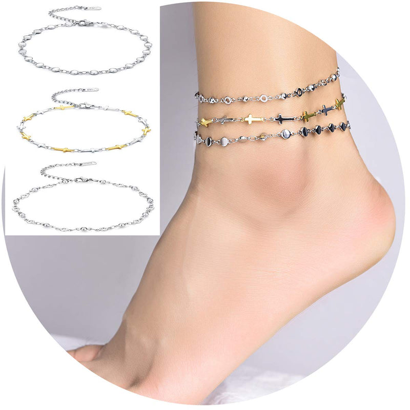 [Australia] - hoduar Stainless Steel Anklet, Two Tone Cross Ankle Bracelets Adjustable Beads Jewelry Chains 3Pcs Set [8.2"+2"] Gift for Women a:cross 