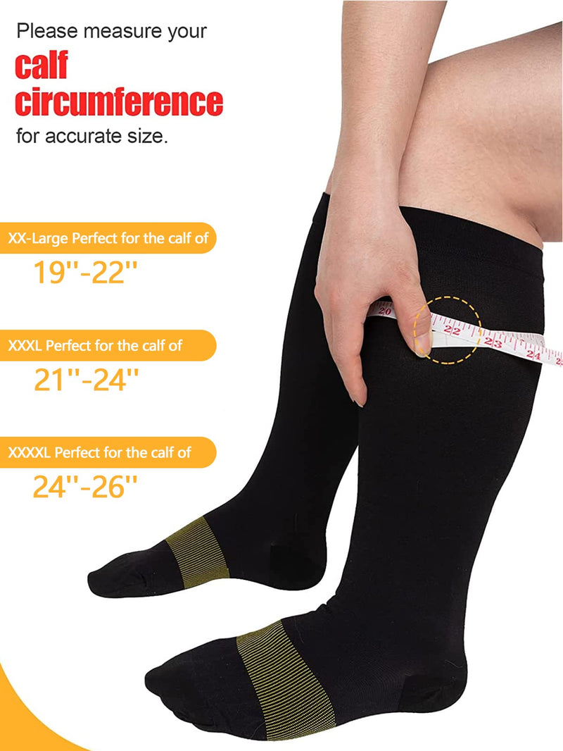 [Australia] - 2 Pairs Plus Size Compression Socks (23-32 mmHg)- 3XL Unisex Extra Wide Calf Support Stockings for The Calf of 20-22 in, Knee-High Circulation Compression Socks for Relieving Leg Pain and Swelling 