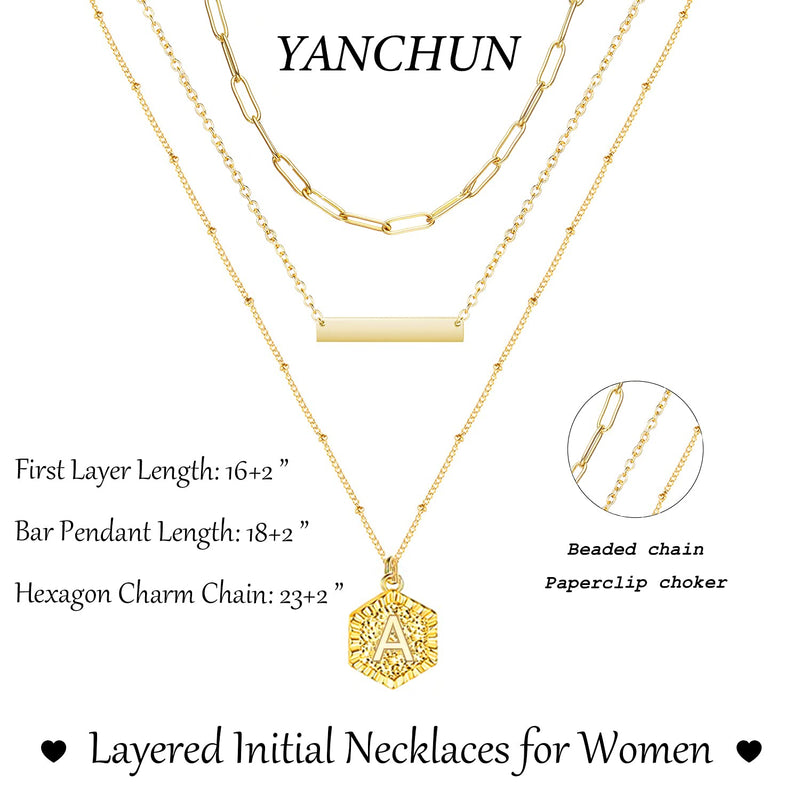 [Australia] - YANCHUN Layered Initial Necklaces for Women 3Pcs Gold Paperclip Chain Bar Choker Necklace Cute Hexagon Charm Pendant Necklaces for Teen Girls A 