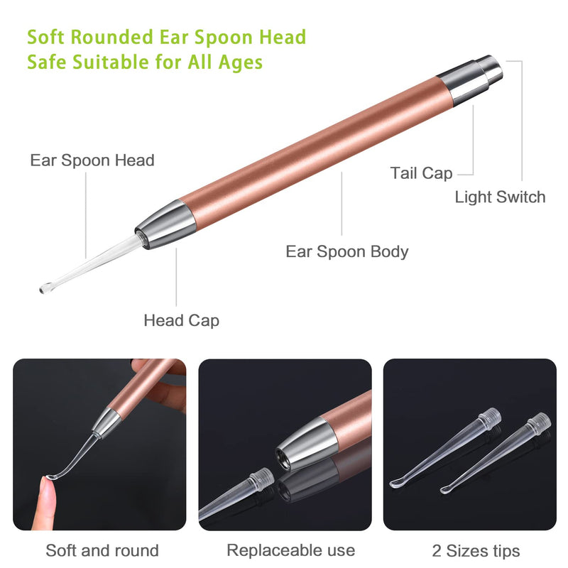 [Australia] - 4 Pack Ear Pick with Light, Ear Cleaner Ear Wax Removal Tool Kit for Kids and Adults, Ear Picks Digger & Tweezers & Spiral Spring Ear Spoon Set with Storage Box (Rose Gold) Style 1 
