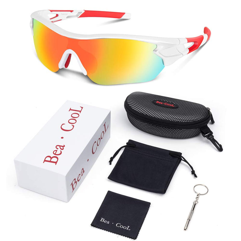 [Australia] - Polarized Sports Sunglasses for Men Women Youth Baseball Cycling Running Driving Fishing Golf Motorcycle TAC Glasses UV400 White Red 