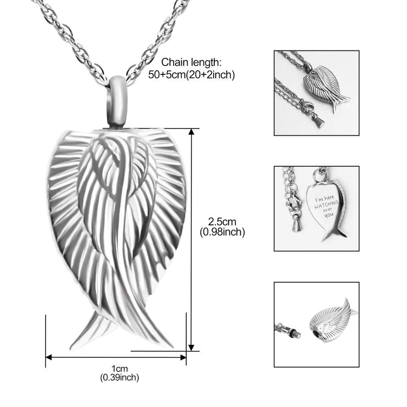 [Australia] - Dletay Angel Wing Cremation Necklace for Ashes Stainless Steel Urn Pendant Ashes Holder Memorial Jewelry-I’m Here Watching Over You Silver 