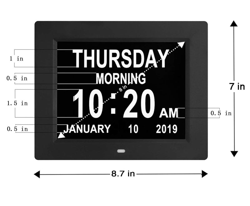 [Australia] - TMC Digital Calendar Day Clocks Extra Large Non-Abbreviated Day&Month.Perfect for Seniors + Impaired Vision Dementia (Black,8-inch) Black 