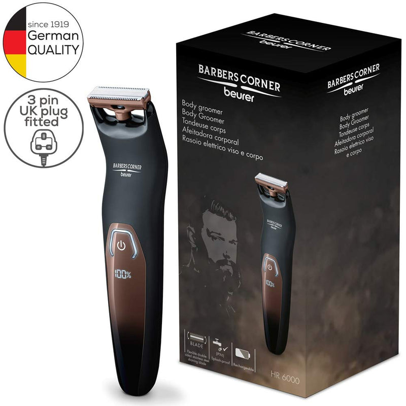 [Australia] - Beurer HR6000 Barbers Corner Body Groomer | Face and Body Shaving | for a Wet or Dry Shaving | Flexible Double-Sided Stainless Steel Blade | Adjustable Comb Attachment | 13 Trim Lengths | LED Display 