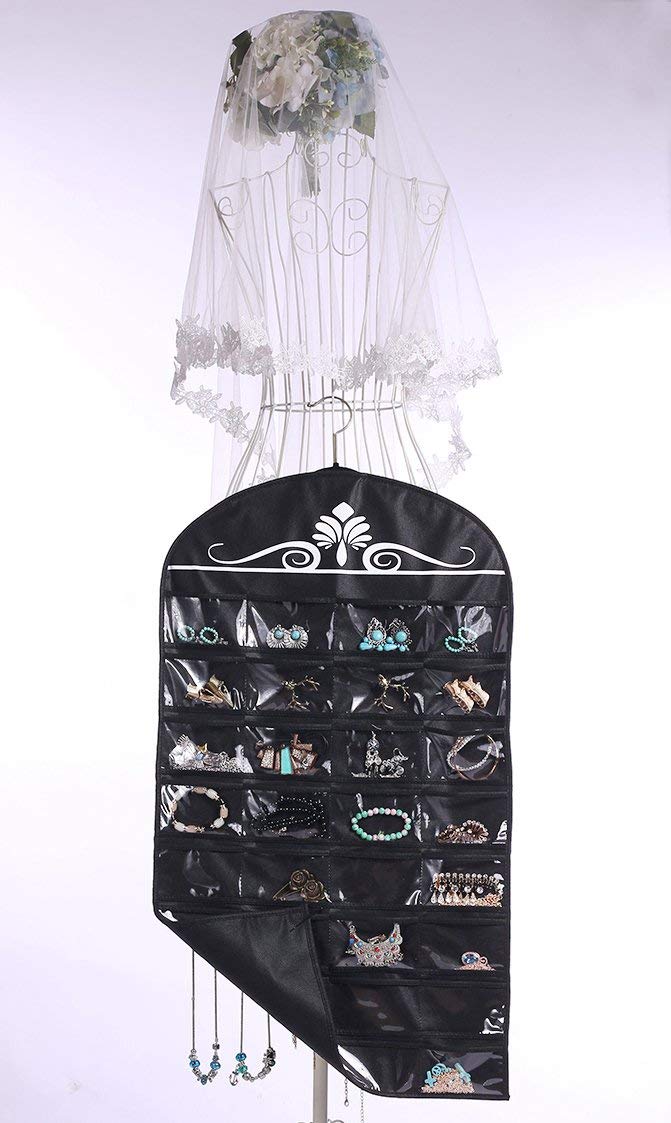 [Australia] - Misslo Jewelry Hanging Non-Woven Organizer Holder 32 Pockets 18 Hook and Loops - Black 