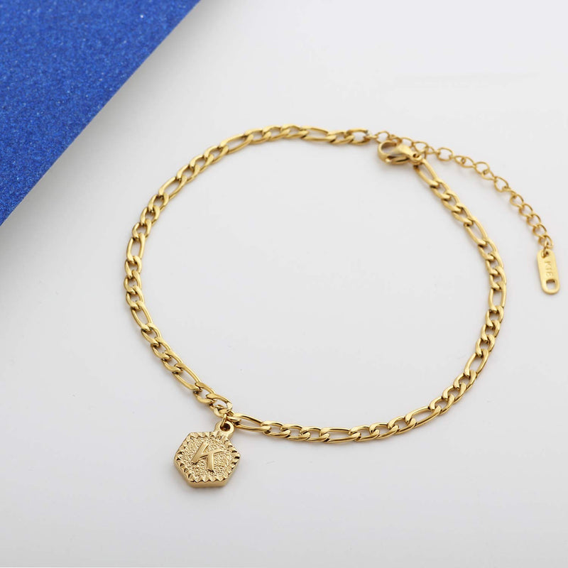 [Australia] - Glimmerst Initial Ankle Bracelet for Women 18K Gold Plated Stainless Steel Hexagon Letter Anklet Link Chain Ankle Bracelets for Girls A 