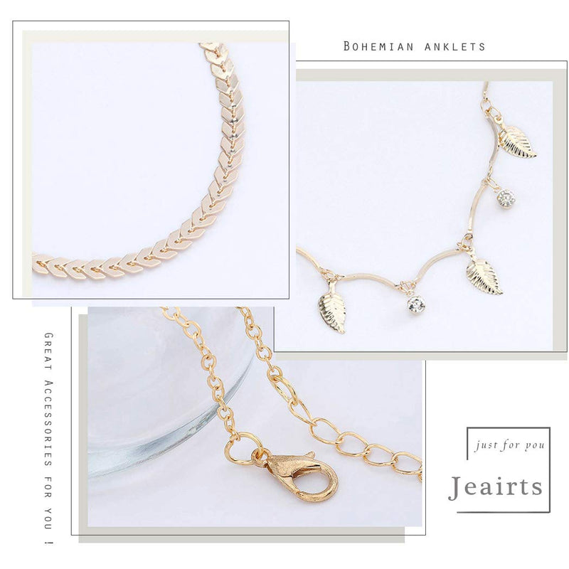 [Australia] - Jeairts Boho Leaves Pendant Anklet Gold Crystal Triple Layered Anklets Bracelets Fish Bone Beach Foot Chain Jewelry for Women and Girls 