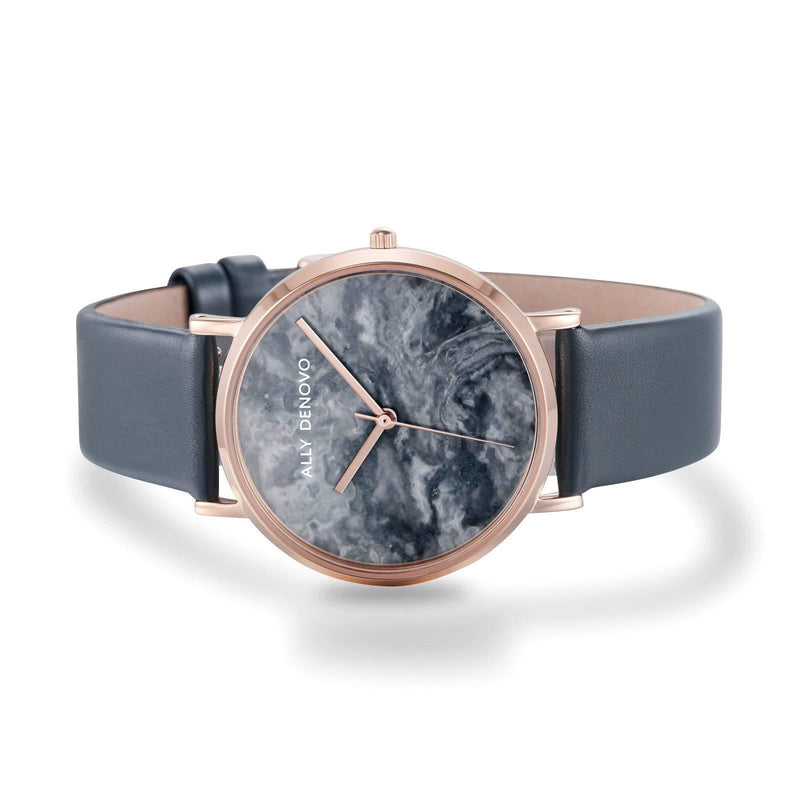 [Australia] - Ally Denovo Carrara Marble AF5005.11 Women's Watch with Leather Strap Analogue Rose Gold-Plated 