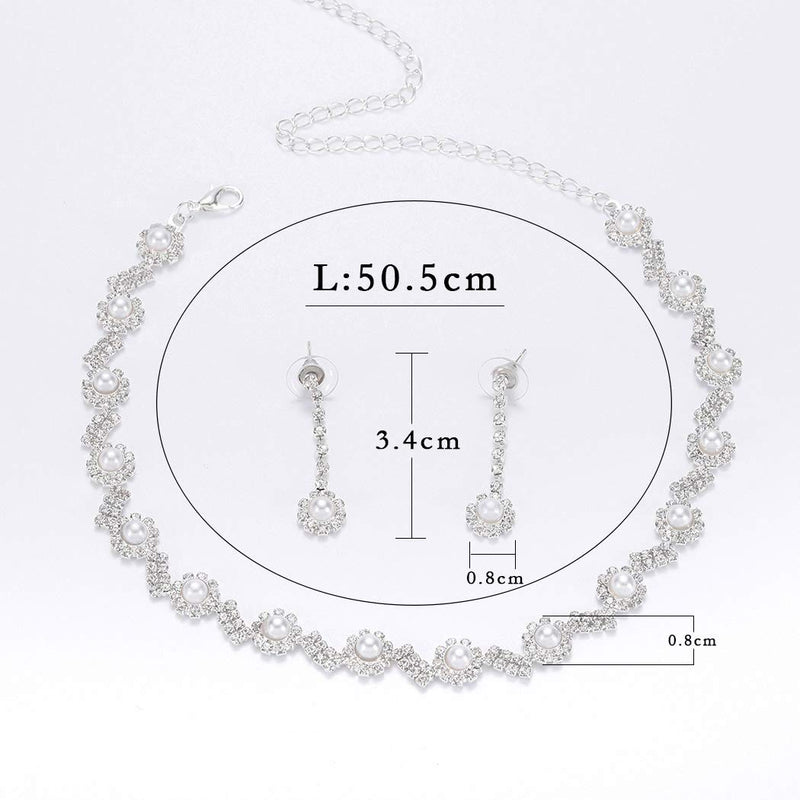[Australia] - Aukmla Bride Wedding Pearl Necklace Earrings Set Silver Crystal Necklaces Jewelry Accessories for Women and Girls (Set of 3) 