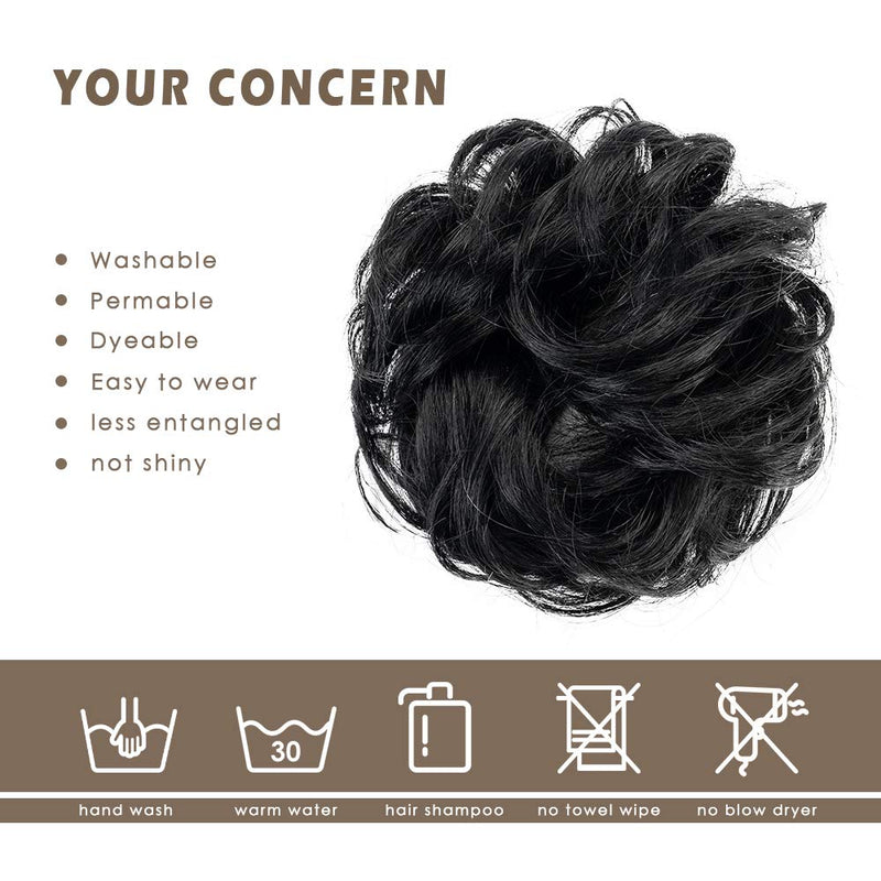 [Australia] - 100% Human Hair Scrunchies, BARSDAR Curly Messy Bun Hairpiece Extensions Wedding Hair Pieces for Women Kids Messy Bun Real Hair Updo Donut Chignons 1#-Natural Black 1 PC 1#- Natural Black 