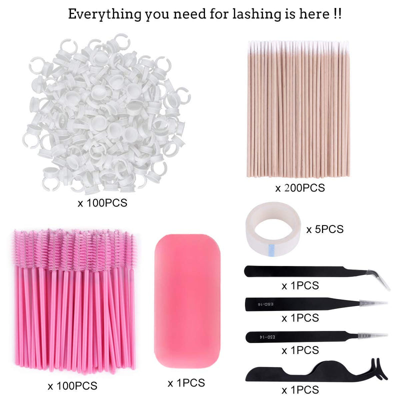 [Australia] - Eyelash Extension Kit 410Pcs, including Stainless Steel Precision Tweezers Set, Disposable Eyelash Mascara Brush Wand, Cotton Swabs 200Pcs, Cup Rings 100Pcs, Tapes, Eyelash Holder Pad 