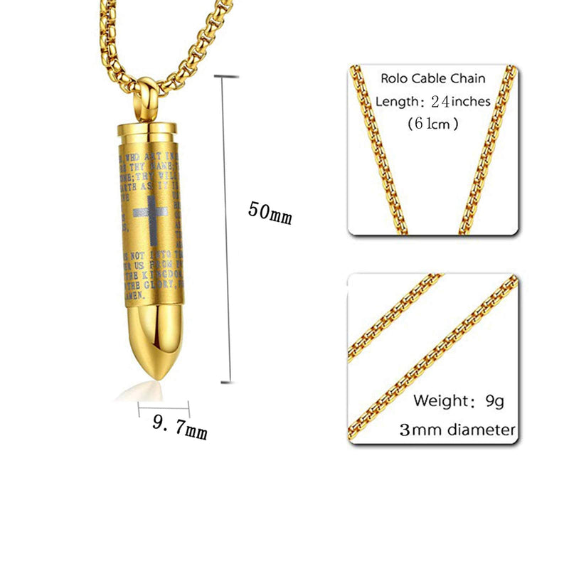 [Australia] - lylqmy English Lord's Prayer Stainless Steel Cross Bullet Pendant Necklace for Men, 22" Chain 24.0 Inches golden tone 