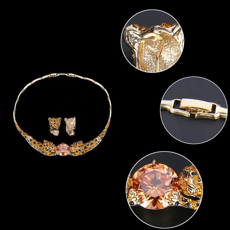 [Australia] - EVER FAITH Vivid Dual Leopard CZ Crystal Animal Necklace Earrings Set Orange Gold-Tone 