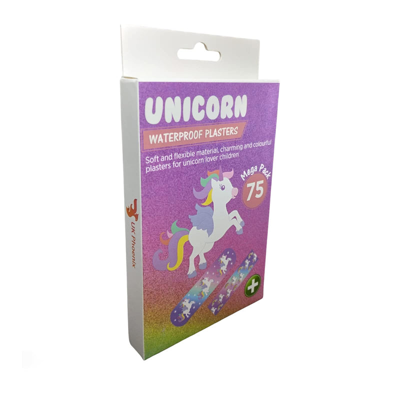 [Australia] - UK Phoenix 75 Pieces Unicorn & Rainbow Kids Plaster 2 Assorted Sizes Wash Proof Cute Bright First Aid Children Education Plasters 75 Count (Pack of 1) 