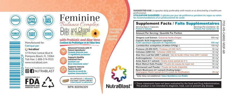 [Australia] - NutraBlast Feminine Balance Complex (60 Capsules) | Vaginal Detox & Cleanse Probiotics | Supports Healthy Intestinal Flora & Immune Function | Advanced Formula with 11 All Natural Ingredients 