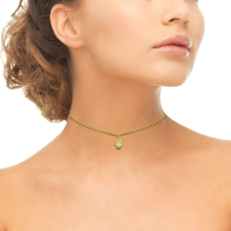 [Australia] - GemStar USA Sterling Silver Hamsa Hand of Fatima Dainty Choker Necklace yellow-gold-flashed-silver 