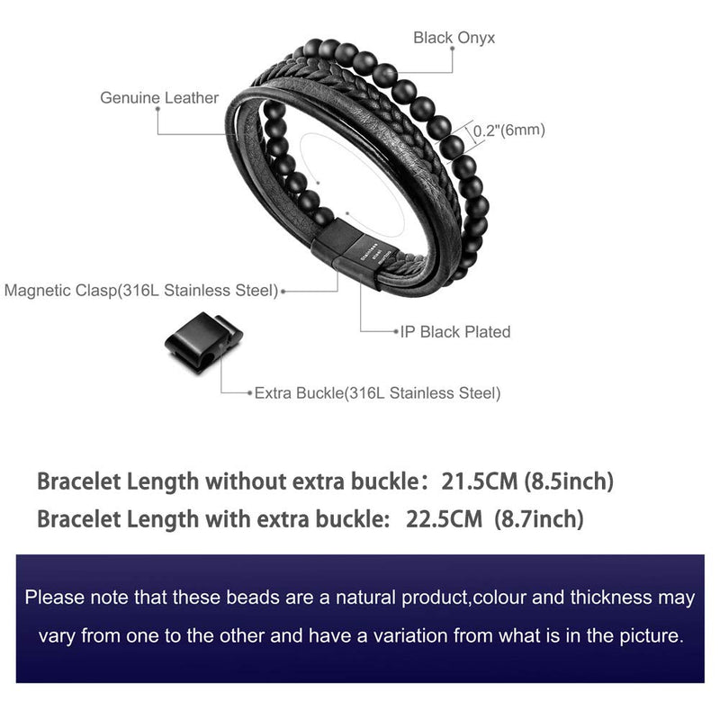 [Australia] - Speroto New Mens Bracelet Bead and Leather Braided, Lava and Onyx Bead Leather Bracelet for Men Black 7.5 Inches 