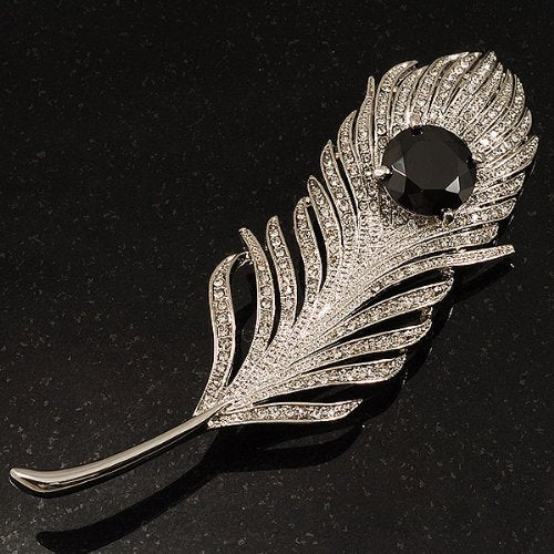 [Australia] - Avalaya Large Swarovski Crystal Peacock Feather Silver Tone Brooch (Clear & Black) - 11.5cm Length 