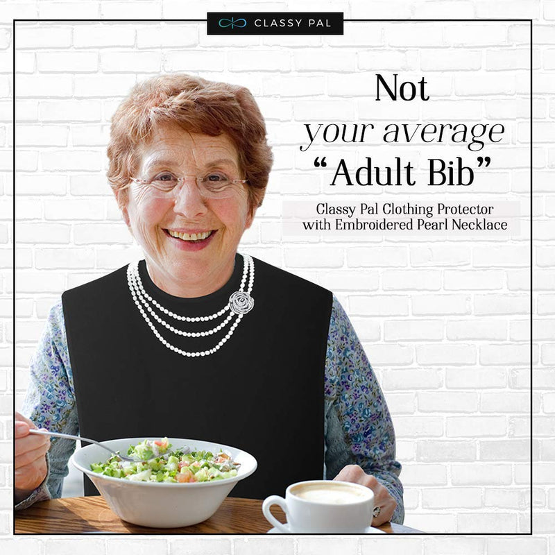 [Australia] - Classy Pal, Adult Bibs for Women Washable, Dress ‘n Dine™ Clothing Protectors for Eating, Senior Adult Bib Terry Cloth Crumb Catcher, Embroidered Design, Waterproof & Reusable (Pearl Necklace) Pearl Necklace 
