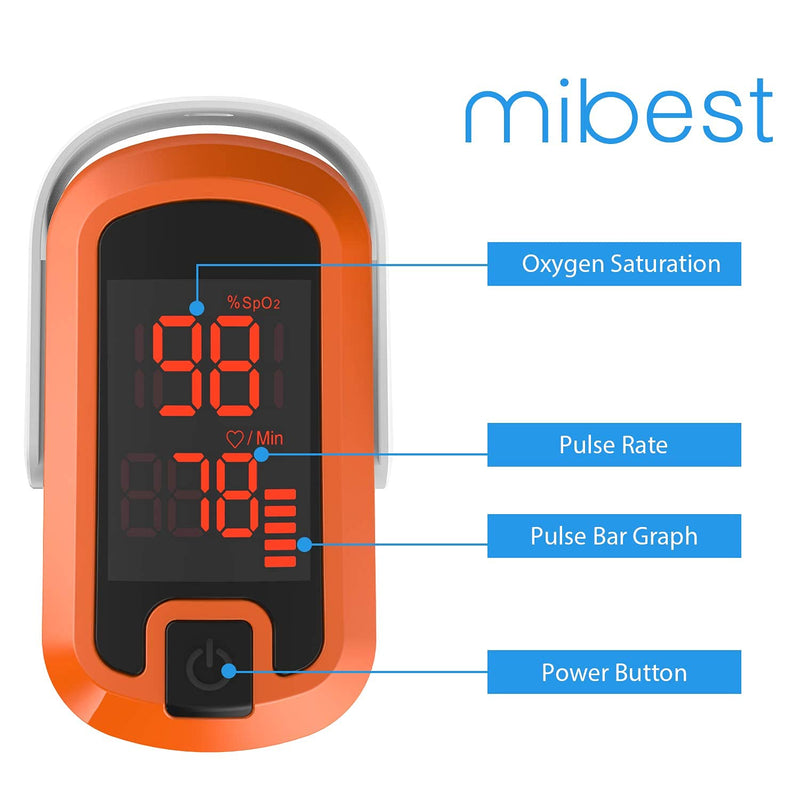 [Australia] - MIBEST Orange LED Finger Pulse Oximeter - Blood Oxygen Saturation Monitor - SPO2 Pulse Oximeter - Portable Oxygen Sensor with Included Batteries - O2 Saturation Monitor with Carry Pouch Orange - LED 
