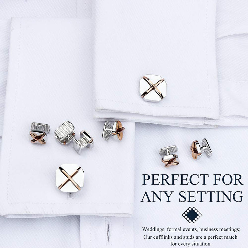 [Australia] - HAWSON Cufflinks and Studs for Men-Fashion Mens X-Shaped and Square Cufflinks and Tuxedo Shirt Studs Set for Regular Weeding Business Accessories silver 