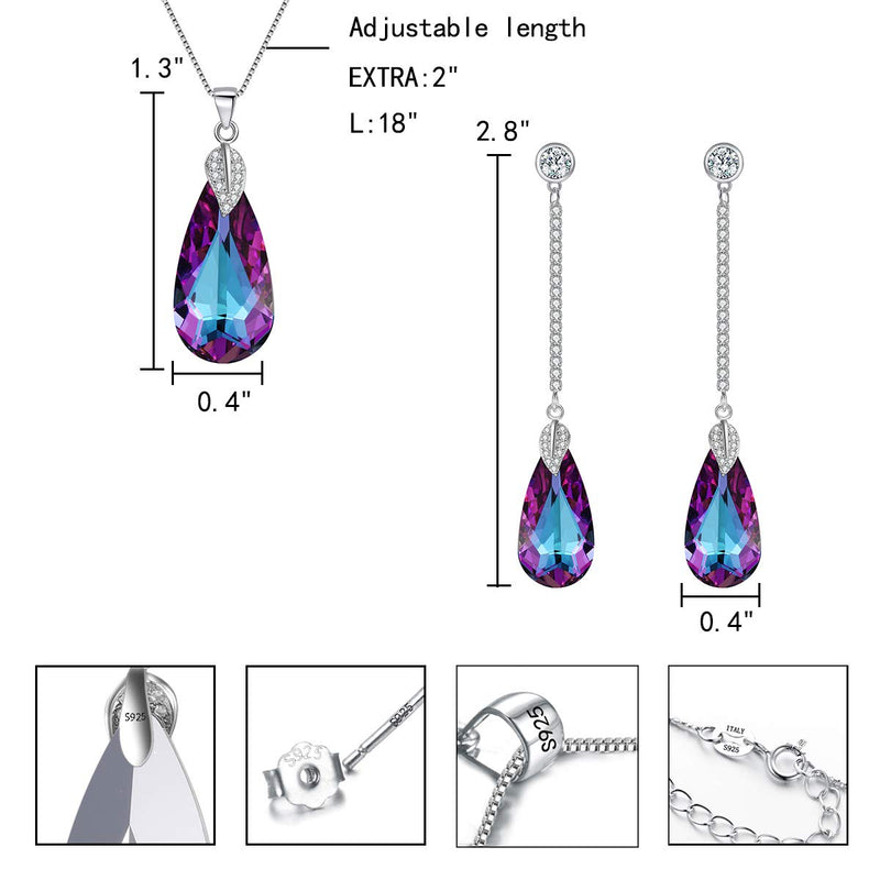 [Australia] - EleQueen 925 Sterling Silver CZ Teardrop Leaf Pendant Necklace Long Dangle Earrings Set Bermuda Blue Made with Crystals Vitrail Light 