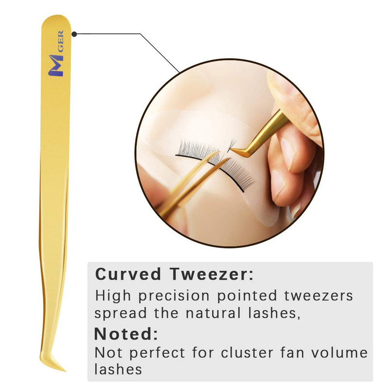 [Australia] - MGER 2 Pieces Dolphin-shaped Pointer and Curved Pointed Tip Tweezers for Eyelash Extensions Precision Lashing Tweezers Professional Tools Set for Isolation False Classic Volume Mink Individual Lash 2PCS Gold tweezers C 