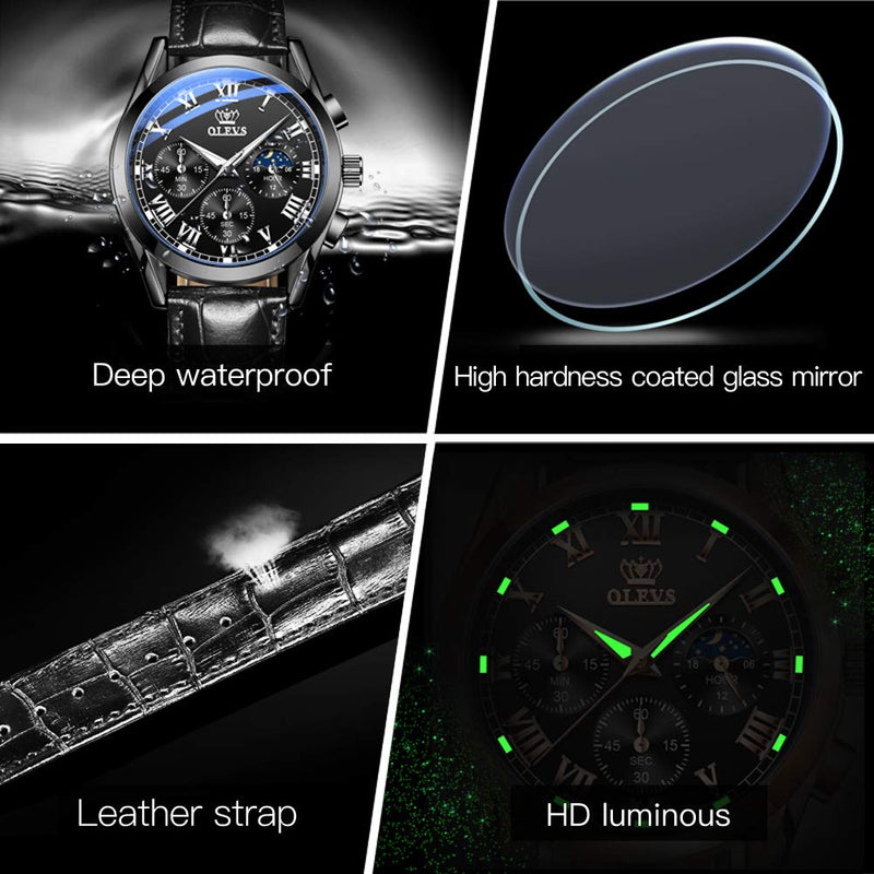 [Australia] - OLEVS Mens Watches Leather Chronograph Gents Watch Moon Phase Calendar Waterproof Luminous Analog Quartz Multifunction Fashion Business Dress Watches for Men Black Leather & Black Face 