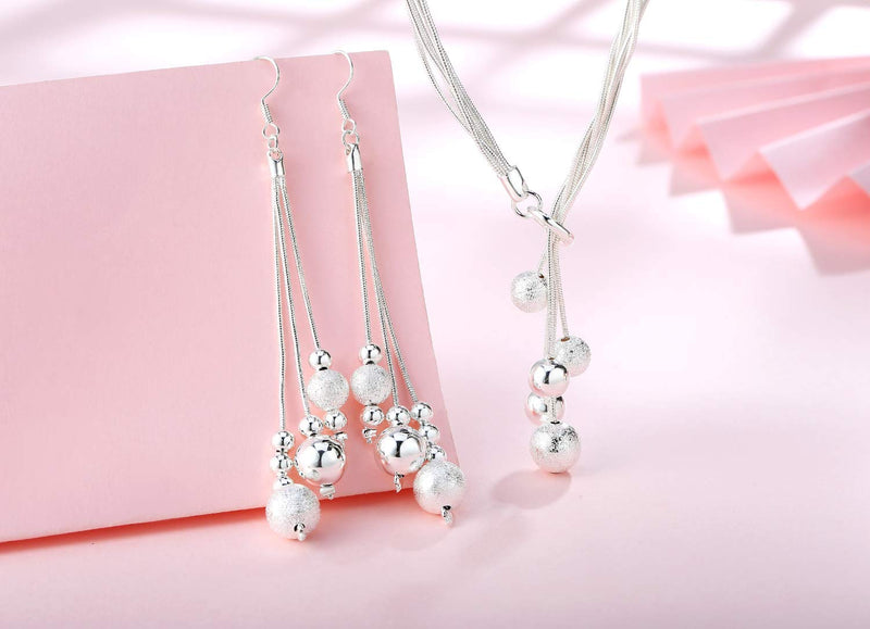 [Australia] - ISAACSONG.DESIGN Sterling Silver Beaded Tassel Y Shape Necklace and Dangle Earrings Bridal Wedding Jewelry Set Women Beaded Tassel Necklace and Earring 2pcs Set 