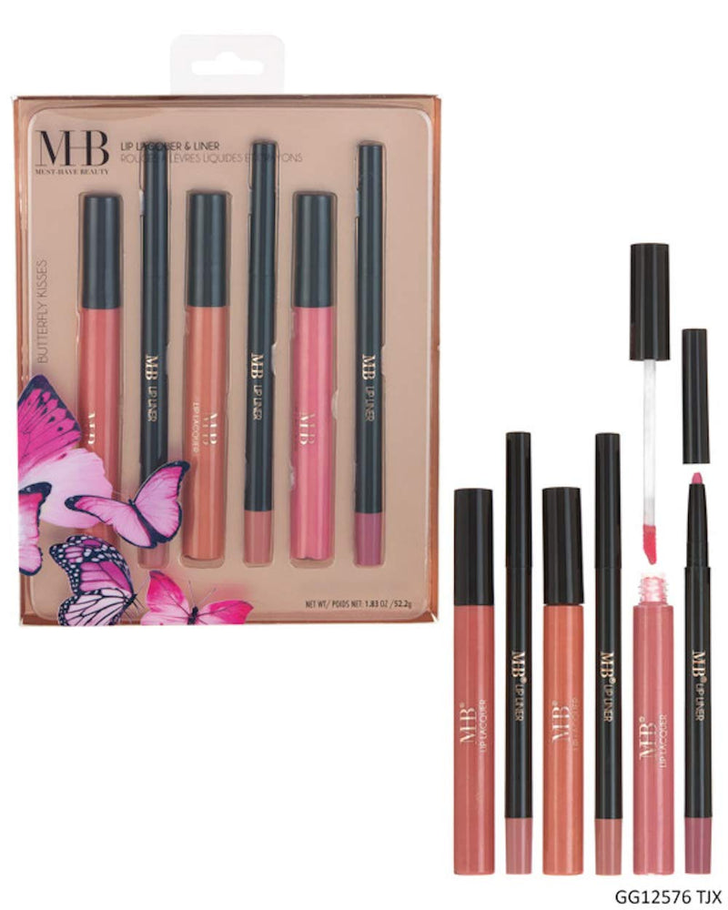 [Australia] - Expressions Women's 6-Piece Butterfly Kisses Lip Lacquer and Lip Liner Set | Long Lasting Liquid Lipsticks and Liners for Ladies 