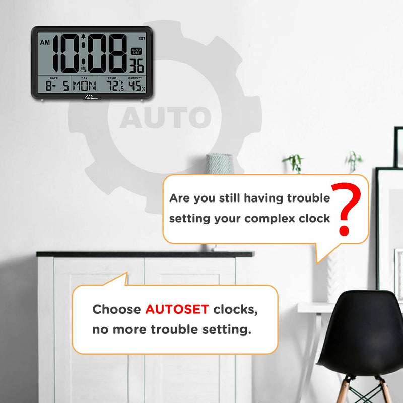 [Australia] - WallarGe Auto Set Digital Wall Clock Battery Operated,Desk Clocks with Temperature,Humidity and Date,Large Display Digital Calendar Alarm Clock for Elderly,Bedroom,Office,8 Time Zone, Auto DST. Black 