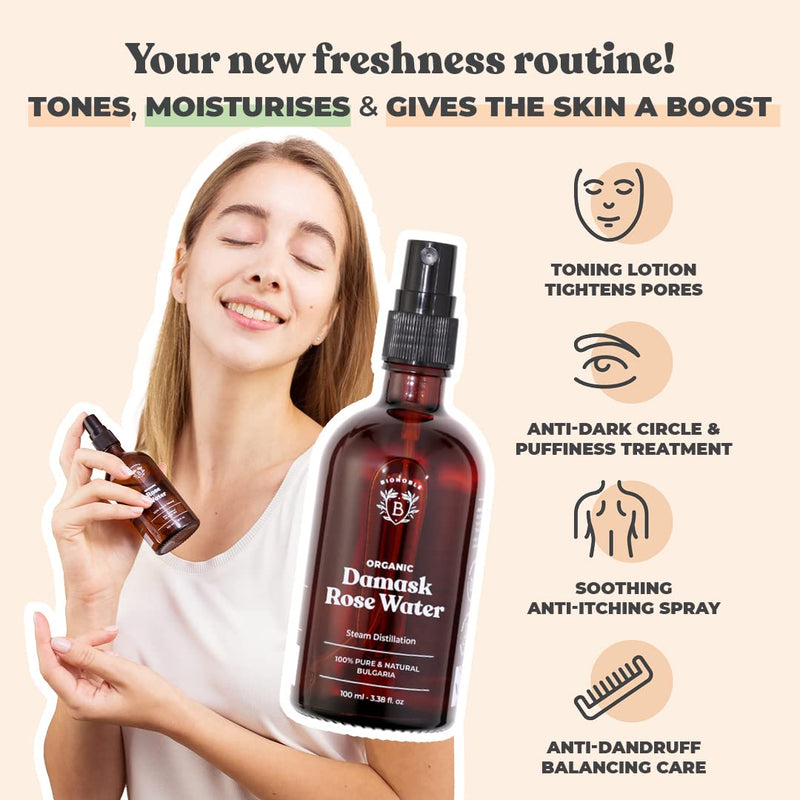 [Australia] - Bionoble Organic Rose Water 100ml - 100% Pure and Natural Damask Rose Hydrolat - Face, Eye Contour, Body, Hair - Glass Bottle + Spray 100 ml (Pack of 1) 