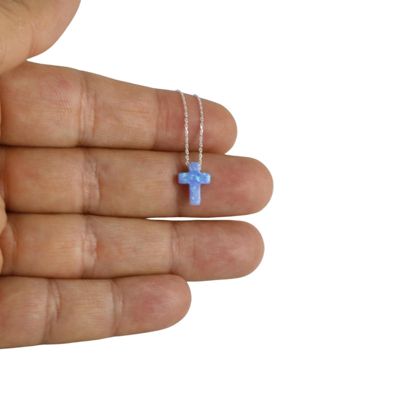 [Australia] - Women's Mini Blue Created Opal Cross Dainty Minimalist Pendant Necklace with 925 Sterling Silver Chain 16+2 inches Light Blue 