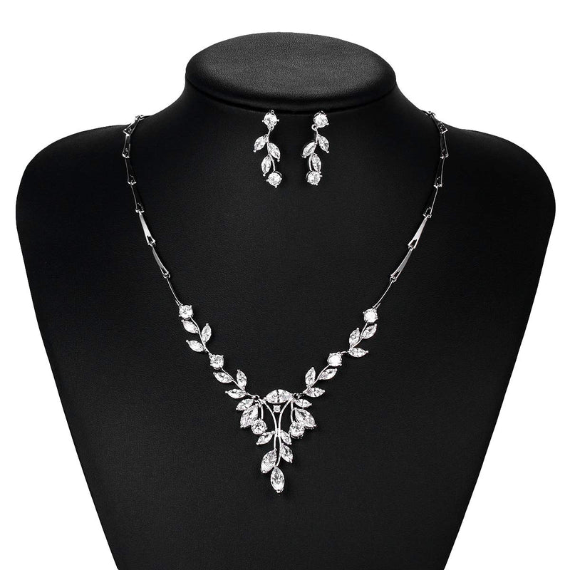 [Australia] - WeimanJewelry Women Marquise Cut Cubic Zirconia Leaf Bridal Y-Necklace and Dangling Earring Jewelry Set for Wedding Silver 