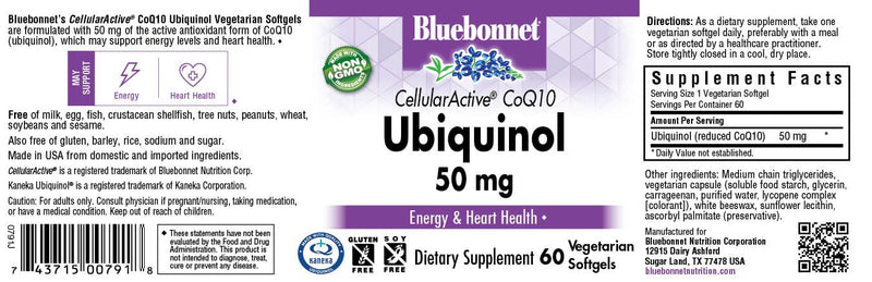 [Australia] - Bluebonnet Nutrition Cellular Active CoQ10 Ubiquinol 50 mg Vegetarian Softgels, Heart Health & Cellular Health, Ubiquinol from Kaneka, Non GMO, Gluten Free, Soy Free, Milk Free, 60 Vegetarian Softgels 