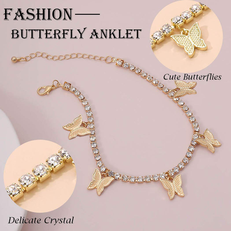 [Australia] - VFlowee Butterfly Crystal Anklets Women Sparkly Ankle Bracelets Butterflies Bracelet Rhinestone Foot and Hand Chain Jewelry (Gold) Gold 