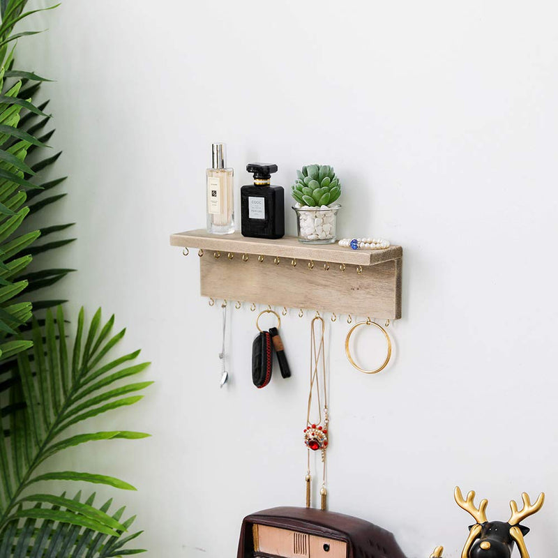 [Australia] - Byher Wall Mounted Jewelry Organizer with 24 Hooks - Rustic Wood Shelf Jewelry Display - Storage for Necklaces, Bracelets, Earrings, Bows (24 Hooks) 