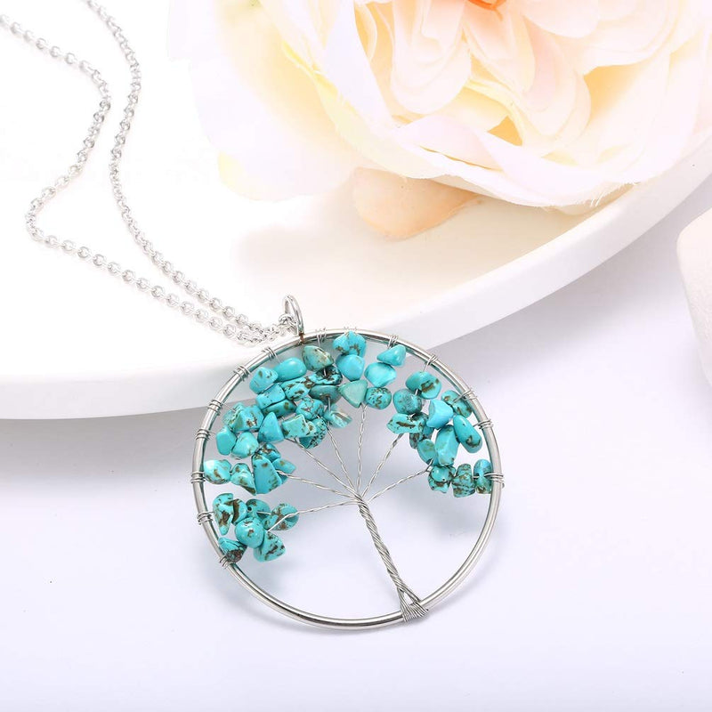 [Australia] - SAKAIPA Tree of Life Pendant Amethyst Rose Crystal Necklace Gemstone Chakra Jewelry,Stainless Steel Necklace Turquoise 