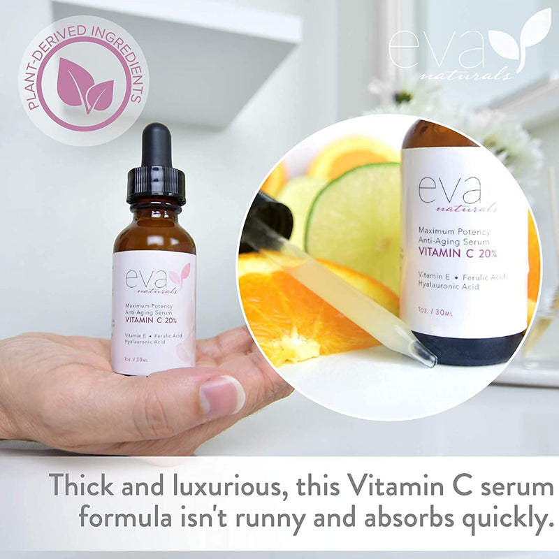 [Australia] - Eva Naturals Vitamin C Serum 20% for Face, Anti-Aging Formulation with Ferulic & Hyaluronic Acid, Vitamin E (30 ml) 