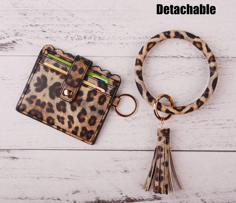 [Australia] - Lantintop Multifunctional Bangle Key Ring Card Holder PU Leather Round Keychain With Matching Wristlet Wallet For Women Girls A-leopard 