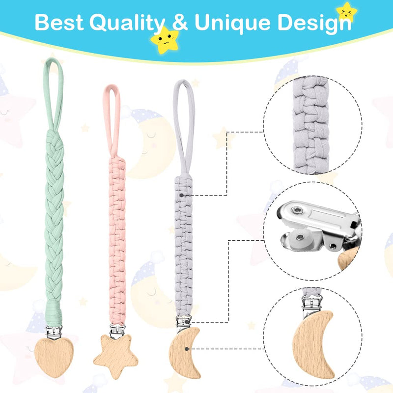 [Australia] - Vicloon Dummy Clips for Baby, 3 Pack Wooden Baby Dummy Clips, Soother Pacifier Chain Holder Clips BPA Free Baby Dummy Chain for Teether Toy or Soothie 3PCS 