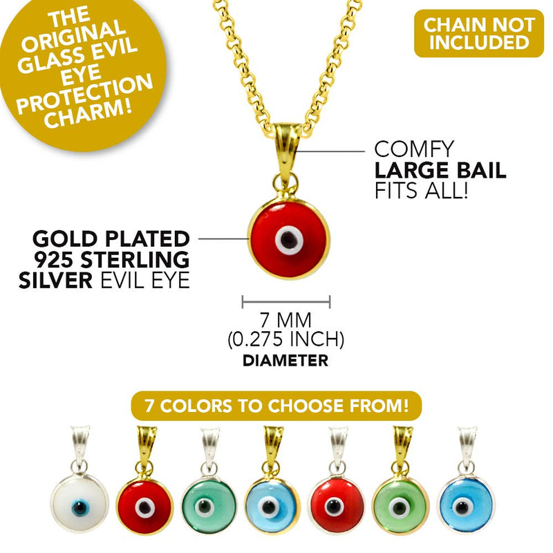 [Australia] - 925 Sterling Silver 7 MM Round Glass Evil Eye Charm (Pendant Only) - 7 Colors to Choose for Men and Women Red on Gold 