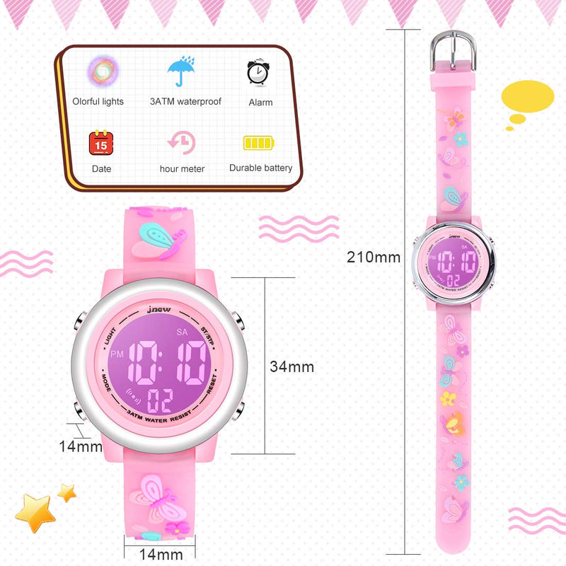 [Australia] - Jianxiang Kids Digital Sport Watches for Girls Boys, Waterproof Outdoor LED Timer with 7 Colors Backlight 3D Cartoon Silicone Band Child Wristwatch A-Butterfly Pink 